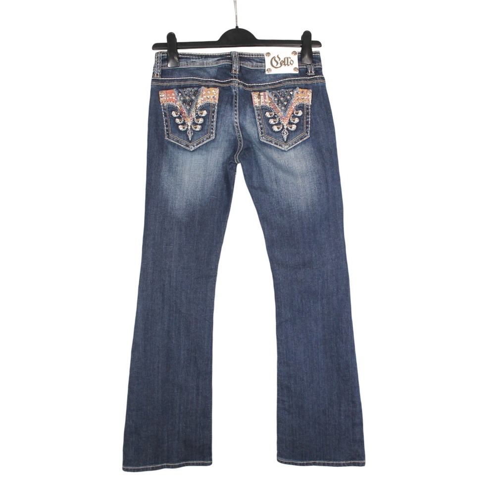 Y2K VTG CELLO JEANS Low-Rise Boot Cut RHINESTONE EMBELLISHED POCKET sz (7) 27"